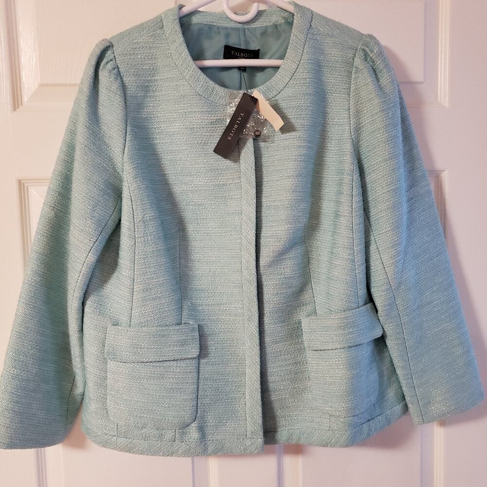 Talbots Woman Fully Lined Tweed Blazer Snap Front w/Pockets Aqua‎ Size 14W NWT